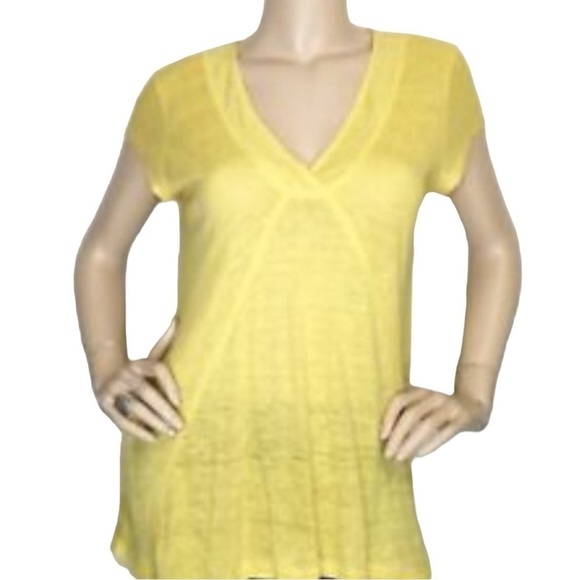 Meadow Rue Anthropology Yellow V-Neck SS Linen Top Asymmetrical Hems-Size M - Picture 2 of 3